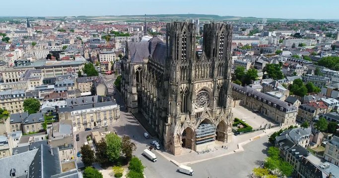 France, Marne, Reims, Aerial view of Notre-Dame de Reims cathedral, listed as World Heritage by UNESCO