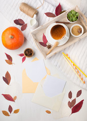 Autumn breakfast in bed composition. Card, notebook mockup.