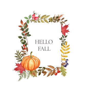 Festive fall floral border on white background. Watercolor fall plants, leaves, foliage, orange pumpkin frame. Colorful botanical illustration. Invitation card template.