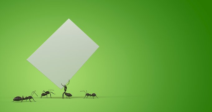 fourmi qui porte une feuille de papier, rendu 3D