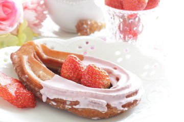 strawberry chocolate churros and fruit on dish for gourmet dessert