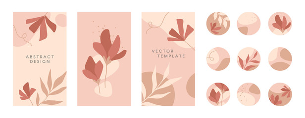 Bundle of editable insta story templates and highlights covers.Vector layouts with hand drawn organic shapes and textures.Abstract backgrounds.Trendy design for social media marketing.Social media kit