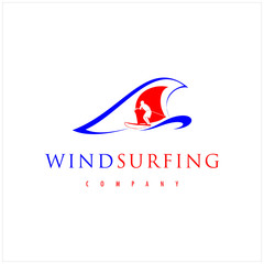 Modern Windsurfing with Blue Sea Ocean Beach Waves logo design inspiration