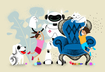 Children play at home with pets and robot. Robot nanny for children. Dog and cat entertain children. Futuristic assistant babysitter. Robotic friend.