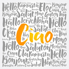 Ciao (Hello Greeting in Italian) word cloud in different languages of the world