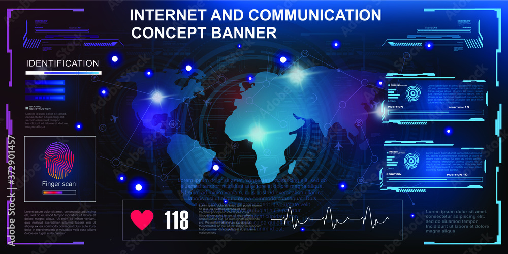 Poster internet and communications. concept banner. an innovative cyber space with a world map. user interf