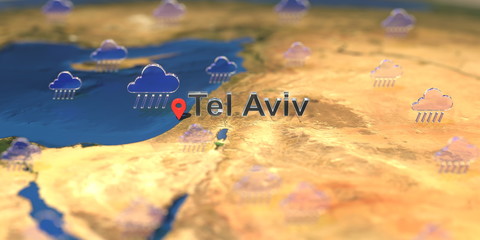 Tel Aviv city and rainy weather icon on the map, weather forecast related 3D rendering