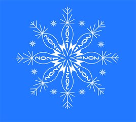 Snowflake with an inscription 2021 on blue background. Design concept  for presentations, placards, banners, card, wallpaper. 