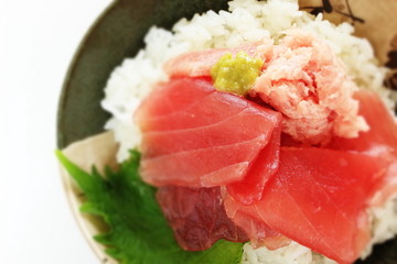 Japanese food, tuna fish maguro on rice with wasabi