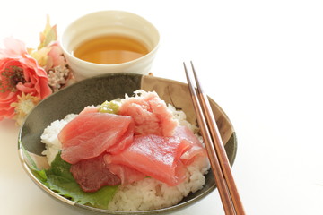 Japanese food, tuna fish maguro on rice with wasabi