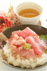 Japanese food, tuna fish maguro on rice with wasabi