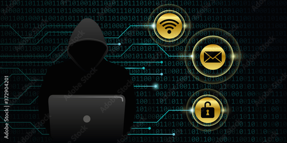 Poster hacker steals digital personal data binary code background vector illustration eps10