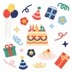 Birthday decoration sticker set. Clip art collection of cake, confetti, party hat, presents, flower. Scrapbook elements. Flat style vector.