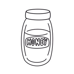 Outline glass jar with lettering honey. Sweet food, conserve product for pantry/supply cellar. Hand drawn design element isolated on white background. Line art cartoon illustration, coloring book page