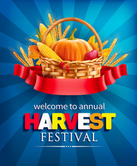 Harvest festival poster design with basket and ribbon. Invitation for crop fest. Vector illustration.