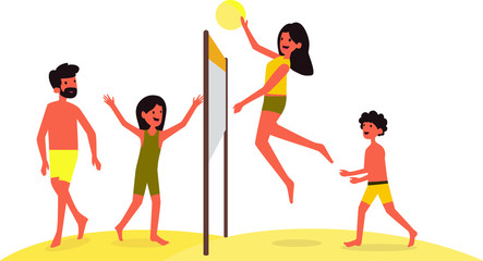 A happy family playing volleyball together during holiday at the beach