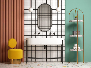 Memphis style conceptual interior bathroom 3d illustration
