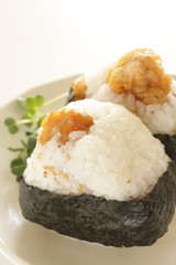 Fried chicken in rice ball for Japanese comfort food