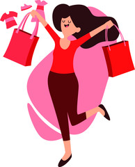A woman walking hapily while holding shopping bags