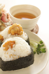 Fried chicken in rice ball for Japanese comfort food