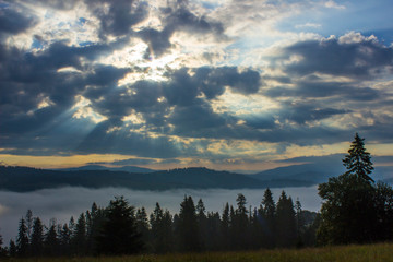morning summer mountain landscape with fog and clouds in the sky