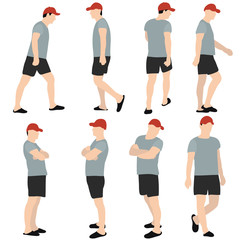 vector, isolated, man in a red cap in flat style, set