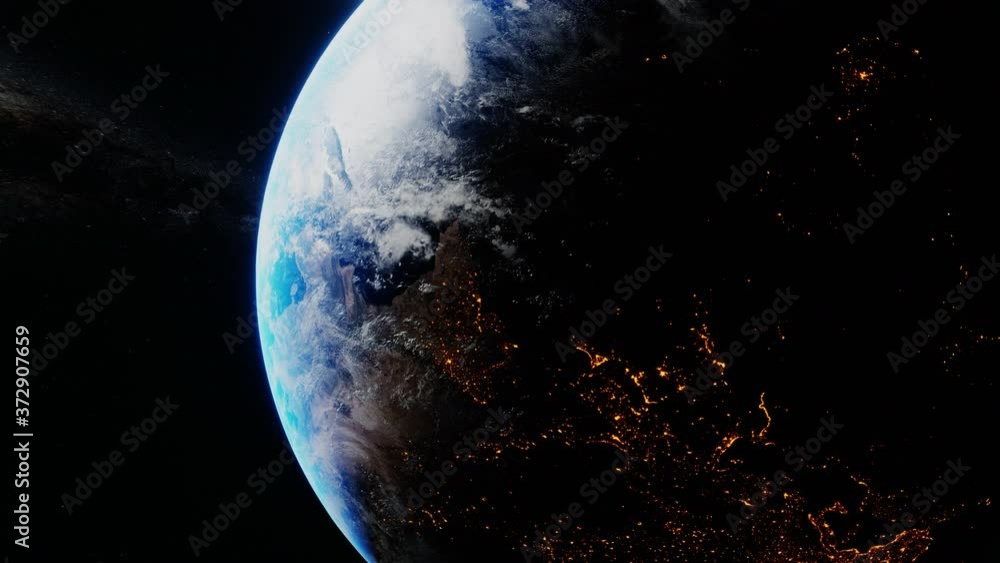 Wall mural earth slowly spinning in the space. milky way in the background. 3d render animation. nasa images. w