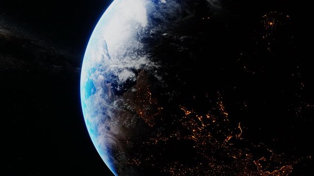 Earth slowly spinning in the space. Milky way in the background. 3D render animation. NASA images. World globe global environment in stars galaxy cosmos, science universe exploration of atmosphere
