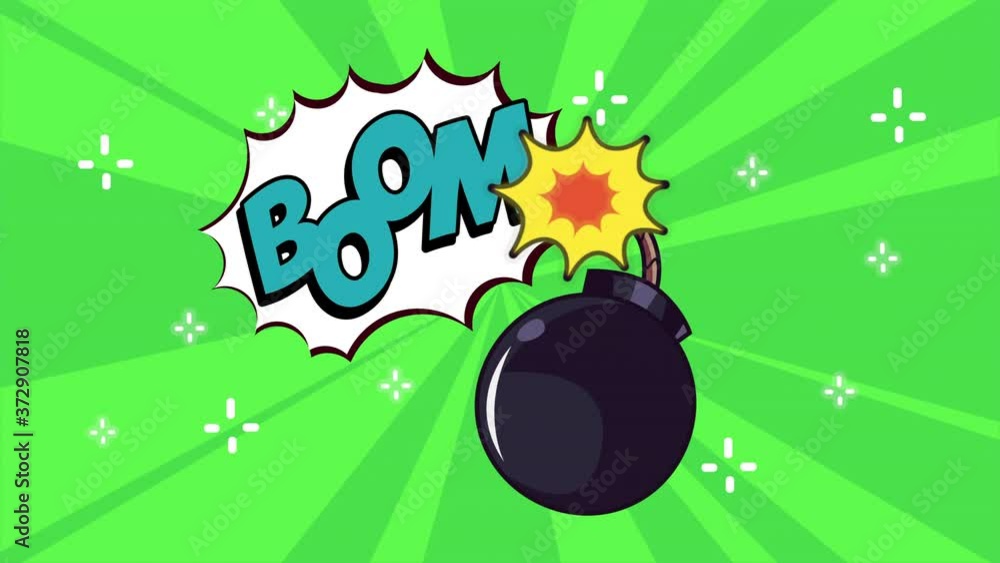 Poster pop art style animation with explosive bomb and word