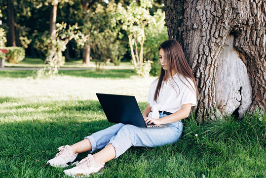 girl student with a laptop outdoors sits on the grass in the park near a tree, surfing the internet or preparing for exams. Technology, education and remote work concept. Soft selective focus.