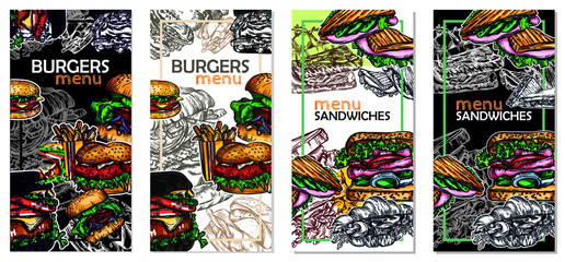 Vector illustration of fast food in the style of the sketch. Burgers, pizza, sandwiches, fries, burgers. High-quality detailed drawing of elements.