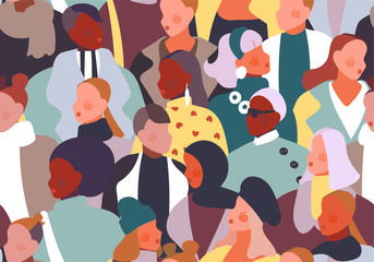 A group of diverse people in warm modern clothes. Seamless pattern with autumn fashion. Street style. The crowd is chatting in the street. Vector flat design illustration in pastel colors.