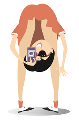Funny photographer young woman illustration. Funny woman photographer makes a shot holding a head and camera down between legs isolated on white
