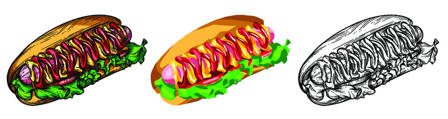 Vector illustration of fast food in the style of the sketch. Burgers, pizza, sandwiches, fries, burgers. High-quality detailed drawing of elements.
