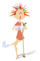 Comic woman with bandage and crutch isolated on white illustration. Injured young woman with bandages and crutch isolated on white
