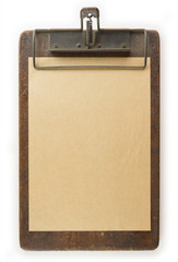 Vintage clipboard and piece of paper Isolated on white.