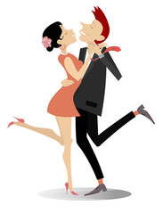 Dancing young couple illustration. Romantic dancing man and woman isolated on white
