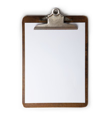 Vintage clipboard in high contrast. Old used clip board with blank piece of paper.