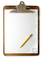 Vintage clipboard with sheets of paper and yellow pencil. Dark brown clipboard. Isolated on white. 