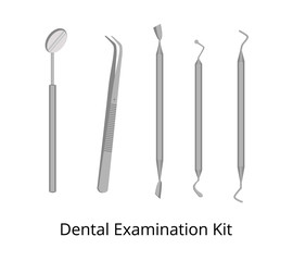 Set of dental examination kit for dentists. Include mirror, twizzers, explorer, remover, spatula, scaler. Stainless steel. Vector isolated