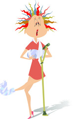 Comic woman with bandage and crutch isolated on white illustration. Injured young woman with bandages and crutch isolated on white
