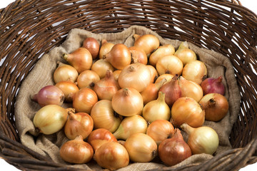 A basket of vines filled with yellow and pink onions lying on a linen bag, top view. An isolated object. Vegetable background. Concept of food, farm products.
