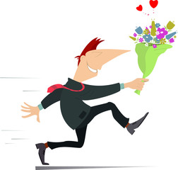 Smiling running man with a bunch of flowers isolated illustration. Lucky man falls in love and hurries to give to his woman a bunch of flowers isolated on white illustration
