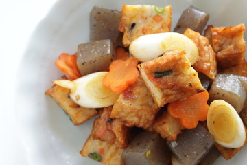 Japanese food, leek and fish cake stir fried with konjac and carrot
