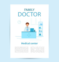 Fototapeta na wymiar Family doctor vertical poster template. Doctor therapist sitting at a table in the medical center. Vector illustration, flat style, on white background.