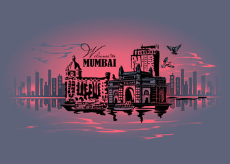 Bombay, India Gate and the Taj Mahal Palace & Tower, the view from the Arabian Sea. Located in the Colaba region of the Indian city of Mumbai. Vector illustration