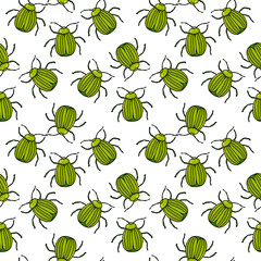 Seamless pattern with green beetle.Endless texture of  insects on a white background.Design for textiles, Wallpaper, wrapping paper.Vector illustration.