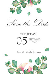 Watercolor hand painted nature wedding frame composition with green eucalyptus branches, pink flowers and save the date, date text on the white background for celebration invitation card