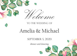 Watercolor hand painted nature wedding frame composition with green eucalyptus leaves on branch and pink flowers petals bouquet and welcome, name and date text for invitation card