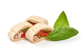 Chicken and vegetables wrapped in a tortilla, isolated on white background
